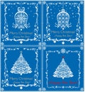 Beautiful paper blue greeting card for Christmas and New year with hanging bell, firs, snowflakes and decorative floral border Royalty Free Stock Photo