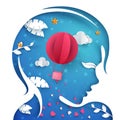 Beautiful paper head girl. Air balloon illustration.