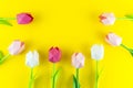 Beautiful paper tulips on a yellow background