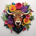 Beautiful papercut quilling paper filigree Buffalo colorful flowers Generative AI