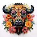 Beautiful papercut quilling paper filigree Buffalo colorful flowers Generative AI