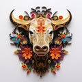 Beautiful papercut quilling paper filigree Buffalo colorful flowers Generative AI