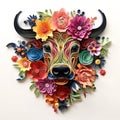 Beautiful papercut quilling paper filigree Buffalo colorful flowers Generative AI