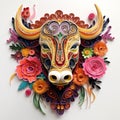 Beautiful papercut quilling paper filigree Buffalo colorful flowers Generative AI