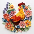 Beautiful papercut quilling paper filigree chicken colorful flowers Generative AI