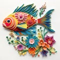 Beautiful papercut quilling paper filigree fish colorful flower Generative AI