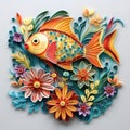 Beautiful papercut quilling paper filigree fish colorful flower Generative AI