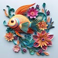 Beautiful papercut quilling paper filigree fish colorful flower Generative AI