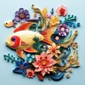 Beautiful papercut quilling paper filigree fish colorful flower Generative AI