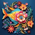 Beautiful papercut quilling paper filigree fish colorful flower Generative AI