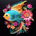 Beautiful papercut quilling paper filigree fish colorful flower Generative AI