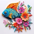 Beautiful papercut quilling paper filigree fish colorful flower Generative AI