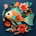 Beautiful papercut quilling paper filigree fish colorful flower Generative AI