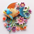 Beautiful papercut quilling paper filigree fish colorful flower Generative AI