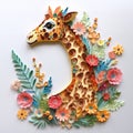 Beautiful papercut quilling paper filigree Giraffe colorful flowers Generative AI
