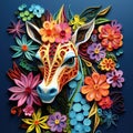 Beautiful papercut quilling paper filigree Giraffe colorful flowers Generative AI