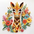 Beautiful papercut quilling paper filigree Giraffe colorful flowers Generative AI