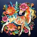 Beautiful papercut quilling paper filigree horse colorful flowers Generative AI