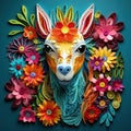 Beautiful papercut quilling paper filigree Llama colorful flowers Generative AI