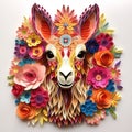 Beautiful papercut quilling paper filigree Llama colorful flowers Generative AI