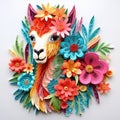 Beautiful papercut quilling paper filigree Llama colorful flowers Generative AI