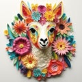 Beautiful papercut quilling paper filigree Llama colorful flowers Generative AI