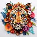 Beautiful papercut quilling paper filigree Tiger colorful flowers Generative AI