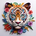 Beautiful papercut quilling paper filigree Tiger colorful flowers Generative AI