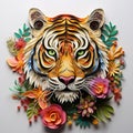 Beautiful papercut quilling paper filigree Tiger colorful flowers Generative AI