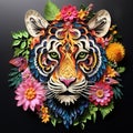 Beautiful papercut quilling paper filigree Tiger colorful flowers Generative AI
