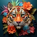 Beautiful papercut quilling paper filigree Tiger colorful flowers Generative AI