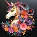 Beautiful papercut quilling paper filigree unicorn colorful flowers Generative AI