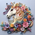 Beautiful papercut quilling paper filigree unicorn colorful flowers Generative AI