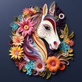 Beautiful papercut quilling paper filigree unicorn colorful flowers Generative AI