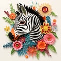 Beautiful papercut quilling paper filigree zebra colorful flowers Generative AI