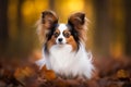 Beautiful Papillon dog outdoors against autumn forest background.