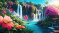 A beautiful paradise land full of flowers, rivers and waterfalls, a blooming and magical idyllic Eden garden