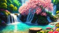 A beautiful paradise land full of flowers, rivers and waterfalls, a blooming and magical idyllic Eden garden