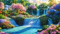 A beautiful paradise land full of flowers, rivers and waterfalls, a blooming and magical idyllic Eden garden