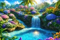 A beautiful paradise land full of flowers, rivers and waterfalls, a blooming and magical idyllic Eden garden