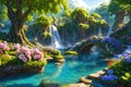 A beautiful paradise land full of flowers, rivers and waterfalls, a blooming and magical idyllic Eden garden