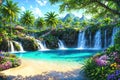 A beautiful paradise land full of flowers, rivers and waterfalls, a blooming and magical idyllic Eden garden