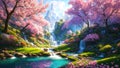 A beautiful paradise land full of flowers, sakura trees, rivers and waterfalls, a blooming and magical idyllic Eden garden