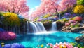 A beautiful paradise land full of flowers, sakura trees, rivers and waterfalls, a blooming and magical idyllic Eden garden