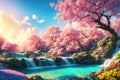 A beautiful paradise land full of flowers, sakura trees, rivers and waterfalls, a blooming and magical idyllic Eden garden