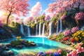 A beautiful paradise land full of flowers, sakura trees, rivers and waterfalls, a blooming and magical idyllic Eden garden