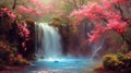 A beautiful paradise land full of flowers, sakura trees, rivers and waterfalls, a blooming and magical idyllic Eden garden