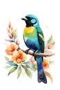 beautiful paradise tanager bird on a branch with flowers and leaves Royalty Free Stock Photo