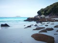 Beautiful paradise tropical beach with trees, white sand, granite rocks and turquoise water,