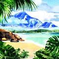 Beautiful paradise tropical island with green plants, tropical sandy beach, ocean, palm trees, rocks against mountain